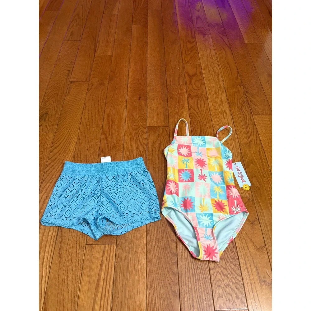 Cat & Jack Girls 2pc Swimsuit Palm Tree One Piece & Blue Crochet Shorts XS 4/5